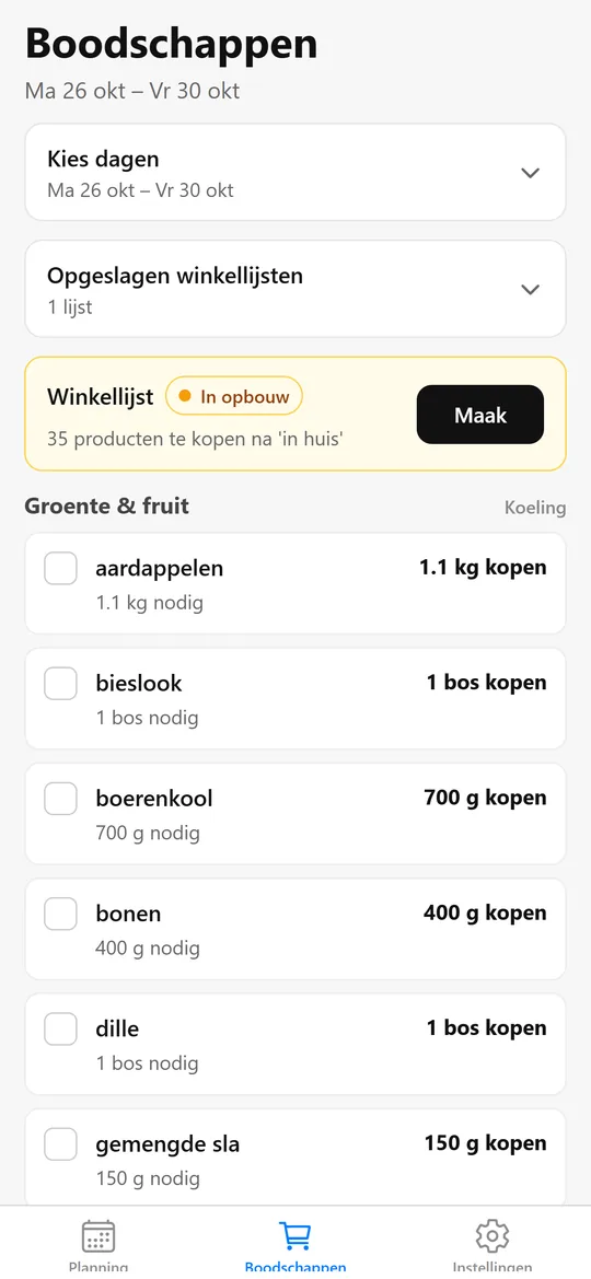 Schermafbeelding KitchenCompass: boodschappenlijst