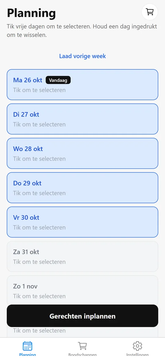 Schermafbeelding KitchenCompass: dagen kiezen