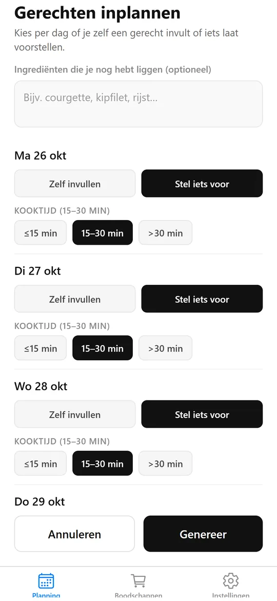 Schermafbeelding KitchenCompass: gerechten inplannen