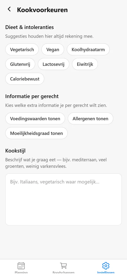 Schermafbeelding KitchenCompass: kookvoorkeuren
