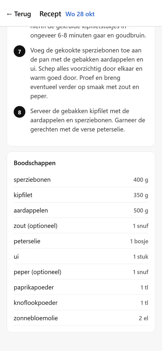 Schermafbeelding KitchenCompass: ingrediënten